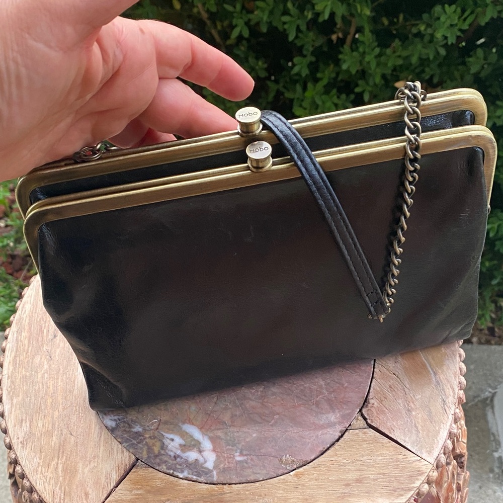 🖤HOBO Black Leather Frame Clutch with Chain Hobo Crossbody🖤